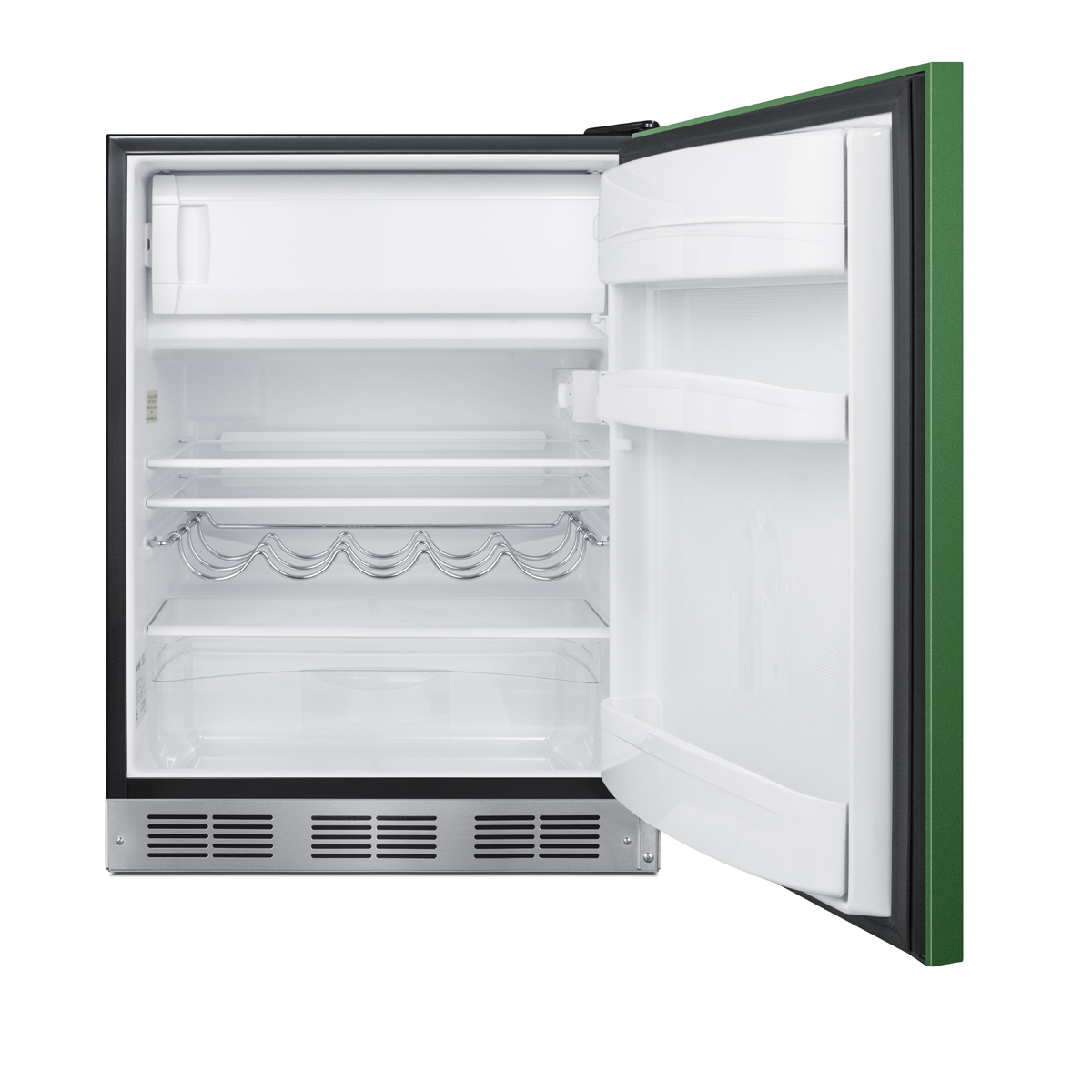 24 in. wide ADA height refrigerator-freezer for residential use with an emerald green door, stainless steel handle, and black cabinet